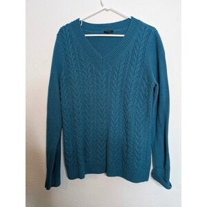 Talbots Womens XL Merino Wool Blend Fishman Knit Sweater Blue Green Classic Work